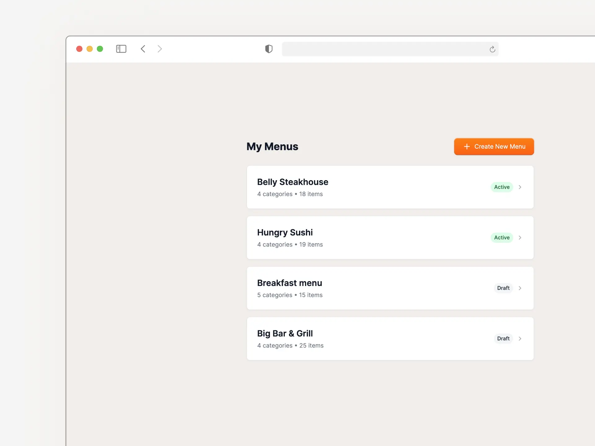 Restaurant menu management dashboard showing contactless features